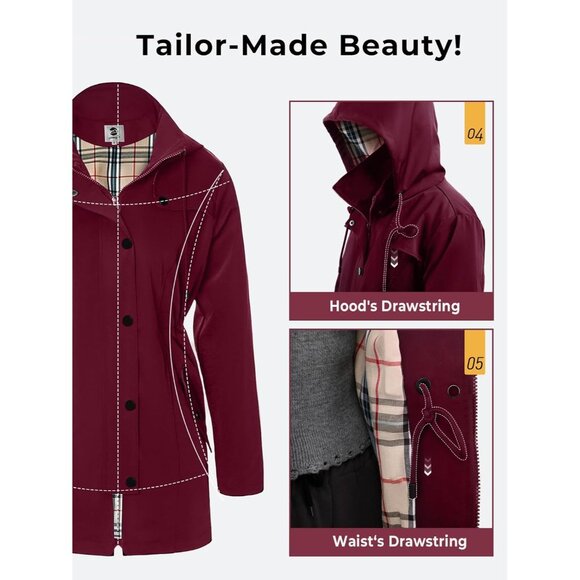 Women's Red Waterproof Long Raincoat Outdoor Windbreaker Jacket with Hood - Picture 6 of 7